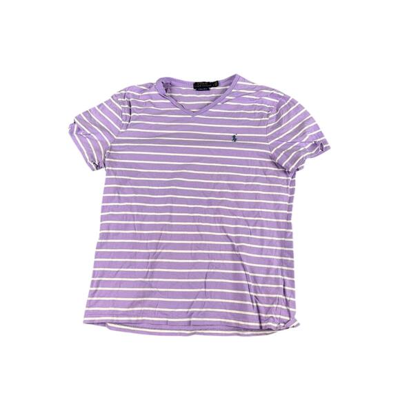 Polo Ralph Lauren Purple White Striped V-Neck T-Shirt Women's Large Slim Fit Tee - Picture 1 of 9